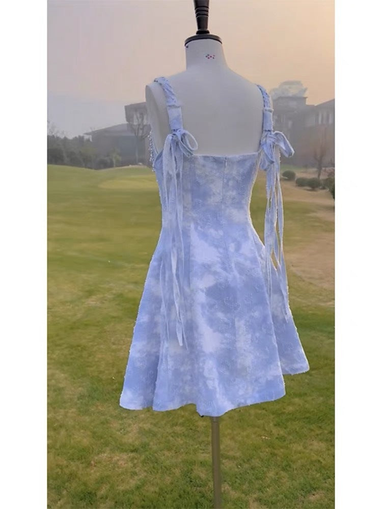 Socialite Waist-Tight Dress Slimming Denim Jacquard Sling Dress Beaded French Retro Tassel Blue Chenille