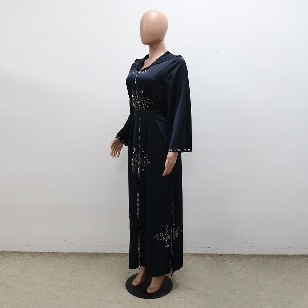 Xqy500157 Middle East Abaya Ethnic Style Dress Hooded Robe Fashion Diamond-Embedded Slits Lower Hem Dress