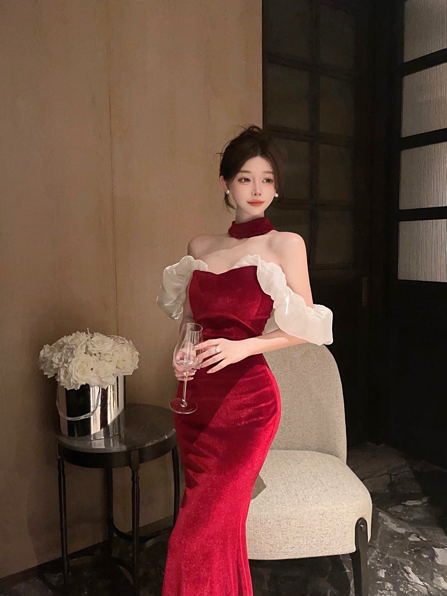 4302 Gold Velvet off-Neck Slim Temperament Slimming Dress Long Fishtail Advanced Banquet Host Evening Wear