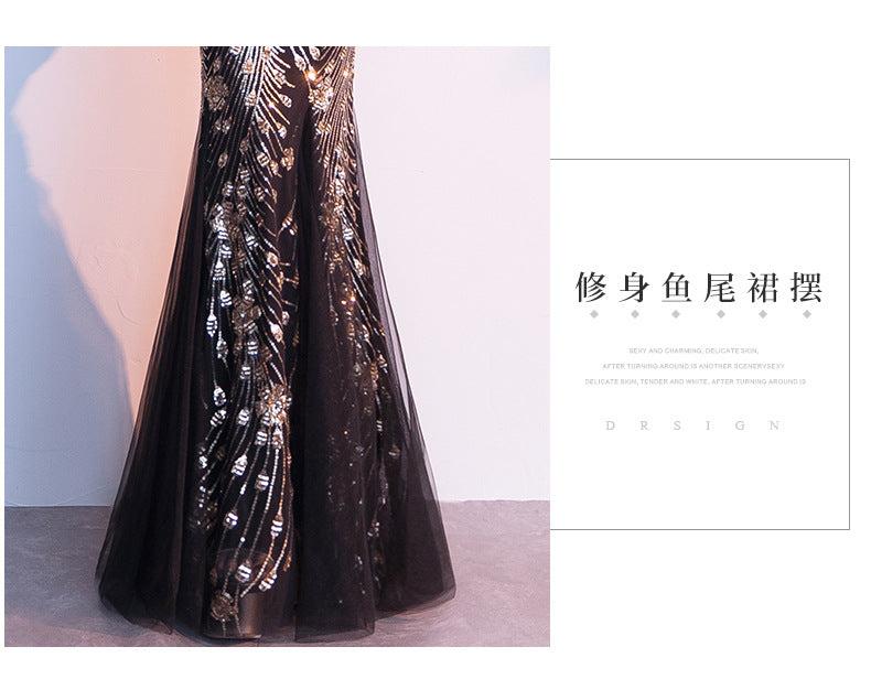 Evening Dress for Women 2024 New Banquet Socialite Gathering Long Style with Medium Sleeves V-neck Black Paillette Host Fishtail
