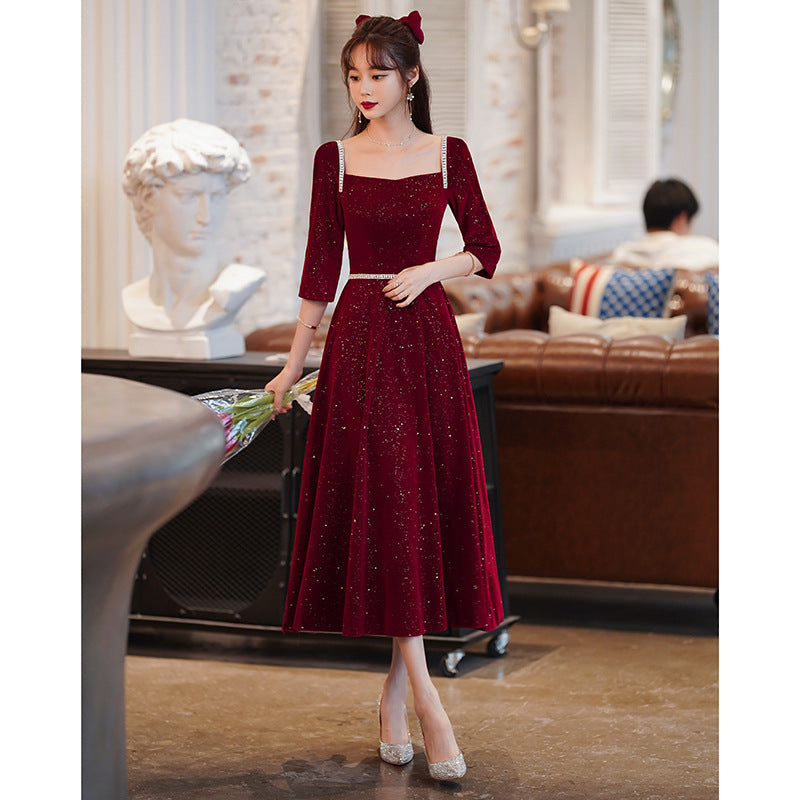 Toast Dress Bride 2024 New Autumn and Winter Fairy Wine Red Engagement Dress Wedding Back Door Toast Dress