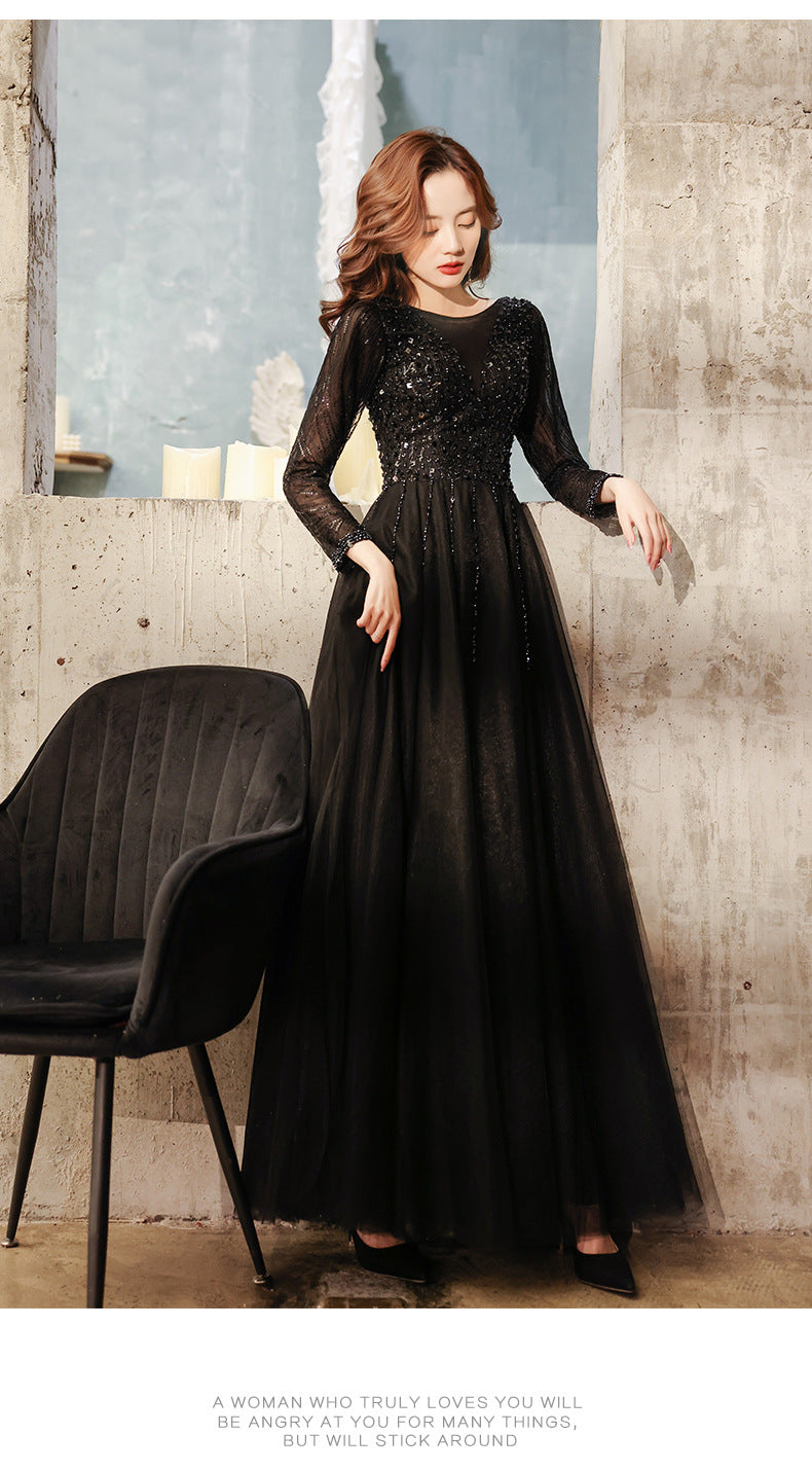 Black Evening Dress Female 2024 Autumn New Master Host Art Exam Dress Choral Performance Long Dress