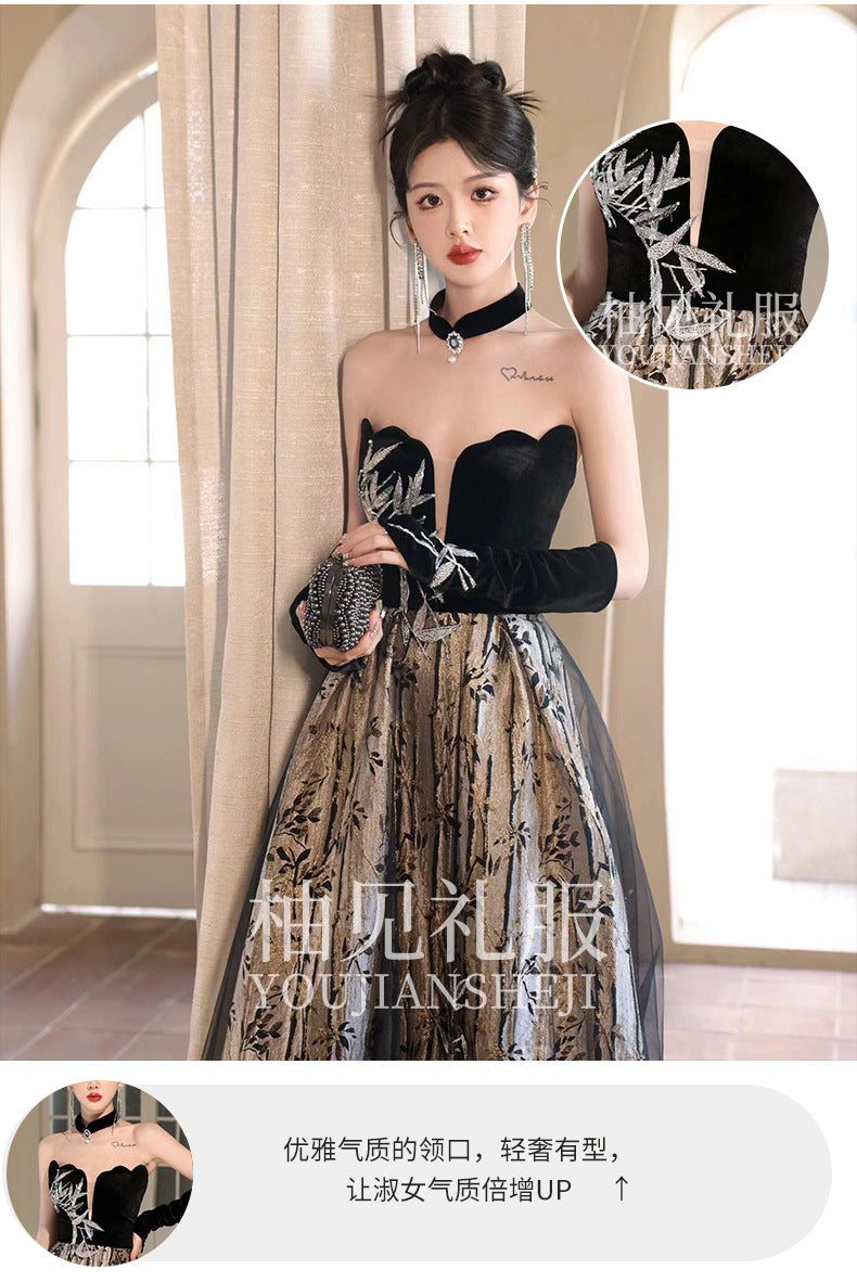 Tube Top Toast Dress Black New Chinese Style Morning Gowns Women's Bride Engagement Dress Banquet Temperament Host Evening Dress