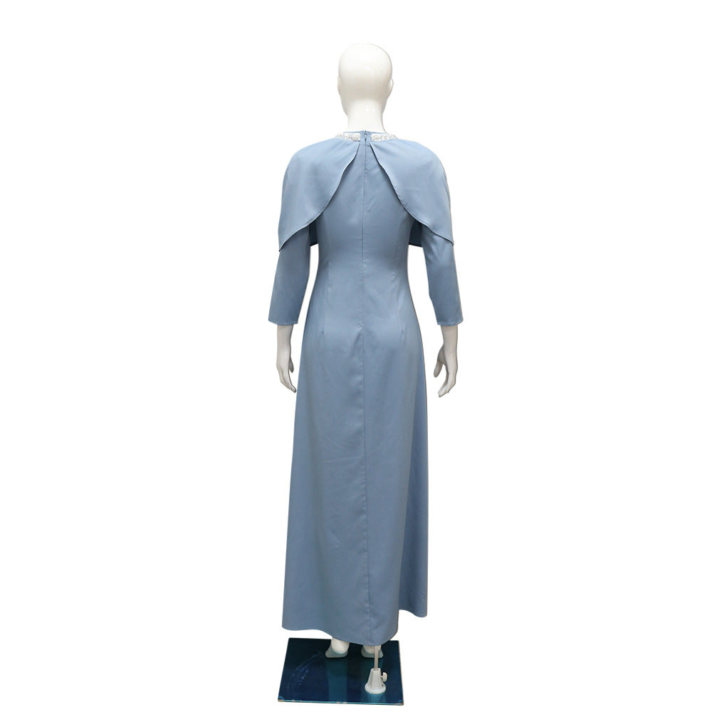 Xqy500321 Middle East Cross-Border Muslim Robe Abaya Fashion Neckline Inserted Beads Rhinestone Strip Shawl Collar Dress