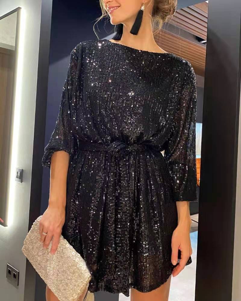 European and American Independent Station round Neck Tied Festival Party Bling Beaded Dress Elegant Sequin Formal Dress