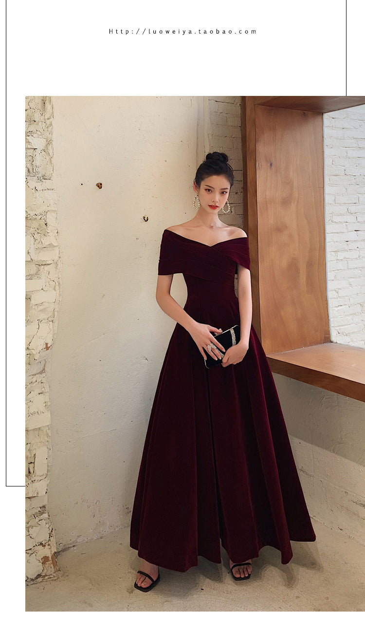 Bridal Toast Clothing Velvet 2024 New High-Grade off-Shoulder Banquet Temperament Engagement License Host Evening Dress