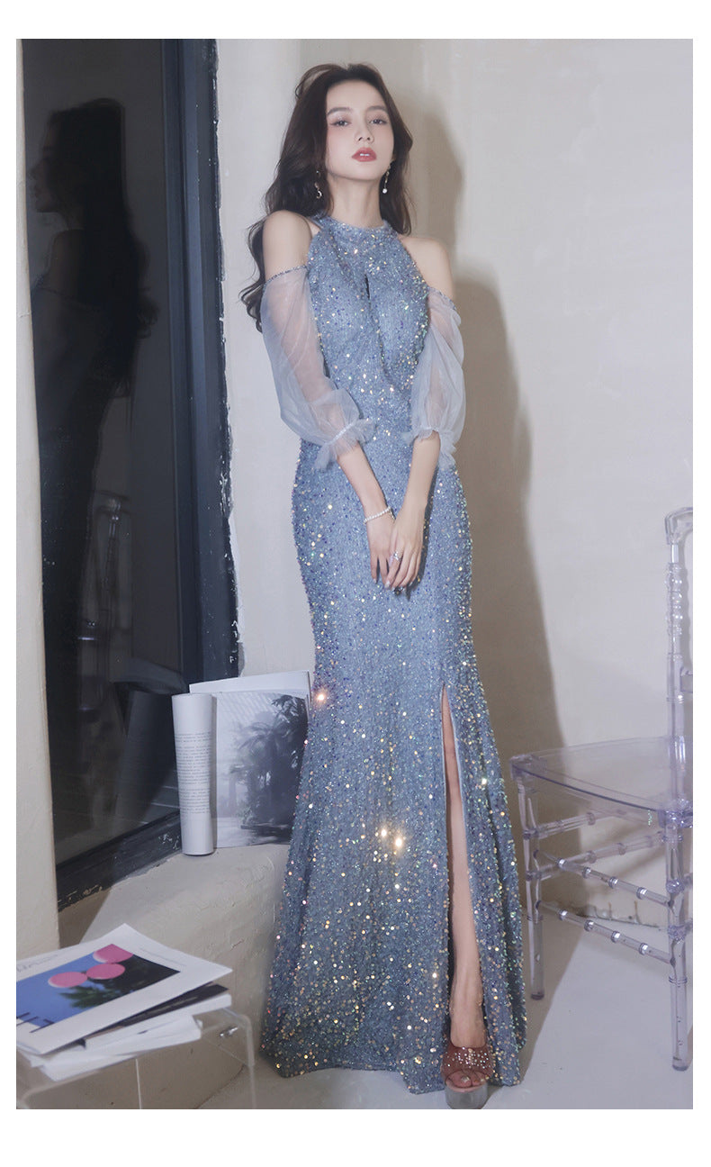 Annual Party Evening Dress Female 2024 New Blue Color Long Halter Host Ladies Banquet Elegant Sequins Dress