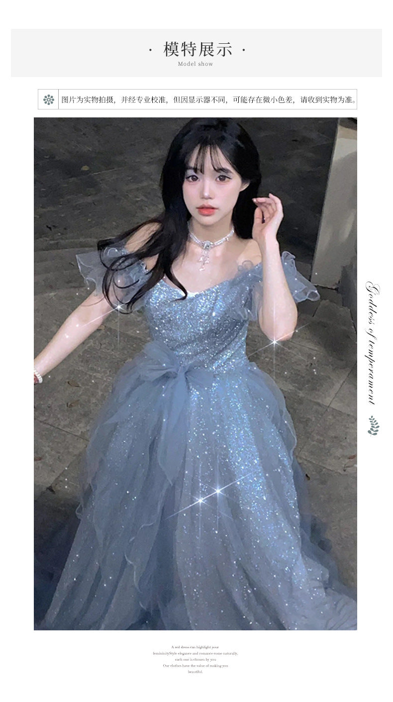 French Princess Escape Evening Dress Super Fairy Blue Student Art Exam Performance Dress off-Shoulder Temperament Bride Toast Dress