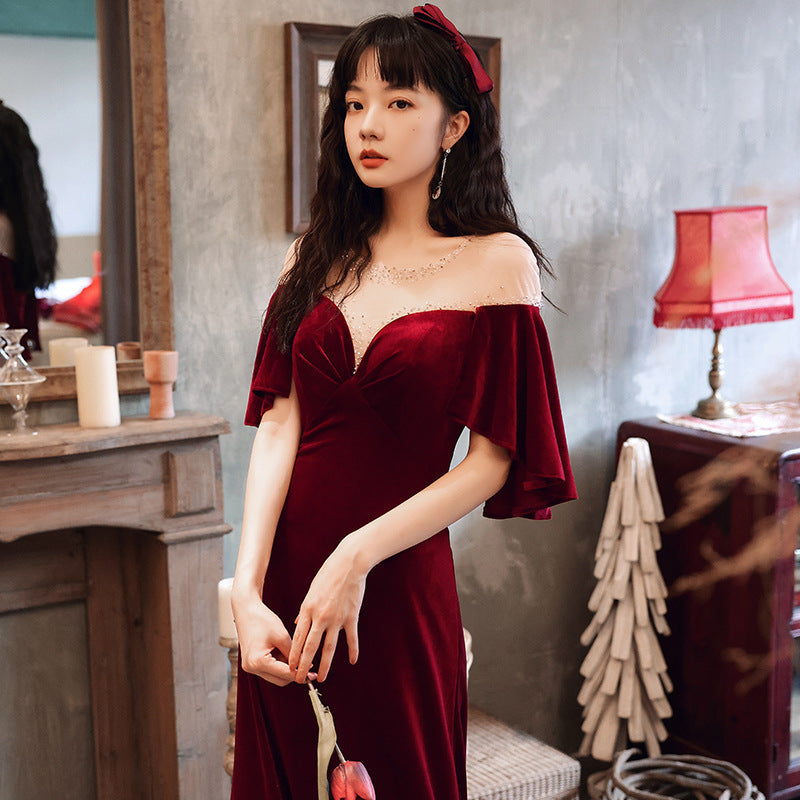 Toast Dress Bride 2024 New Autumn Wine Red V-neck Banquet Evening Dress Elegant Figure Flattering Wedding Toast Dress