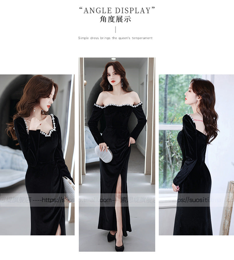 Black Evening Dress 2024 New Banquet Temperament Long Slim Fishtail Split Velvet Socialite Host's Dress