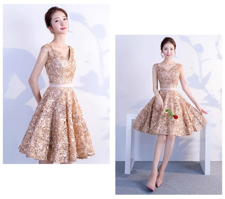 Banquet Dress Short 2024 New Slim-Fit Double Shoulder Champagne Birthday Party Graduation Bridesmaid Evening Dress Autumn