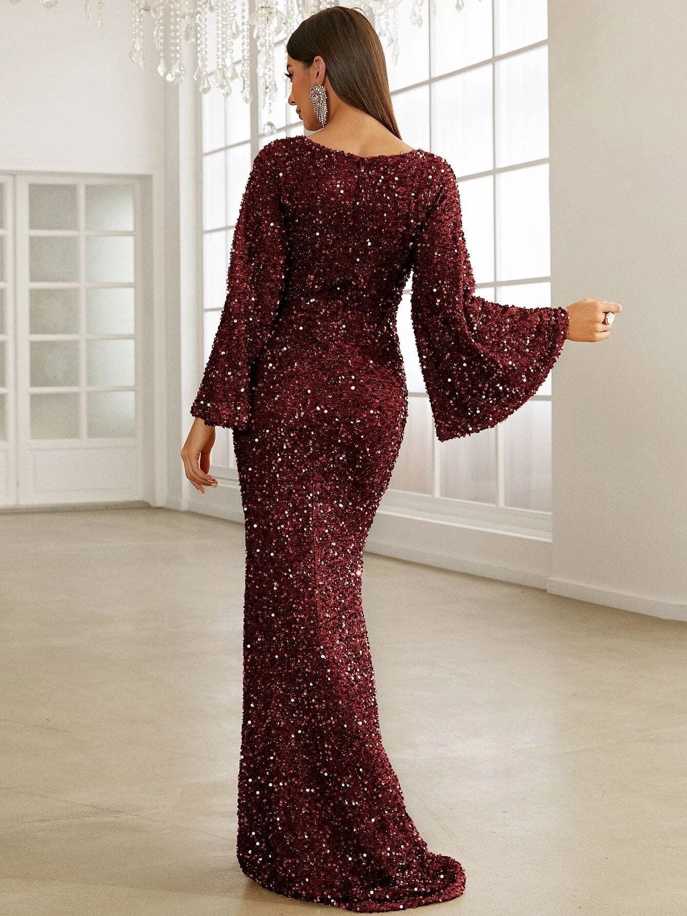 Party dress long sleeve sequin golden red black Fashion V-neck Hip Sequined European and American Style Dress Mid-Waist Flared Sleeve Long Evening Dress H909023