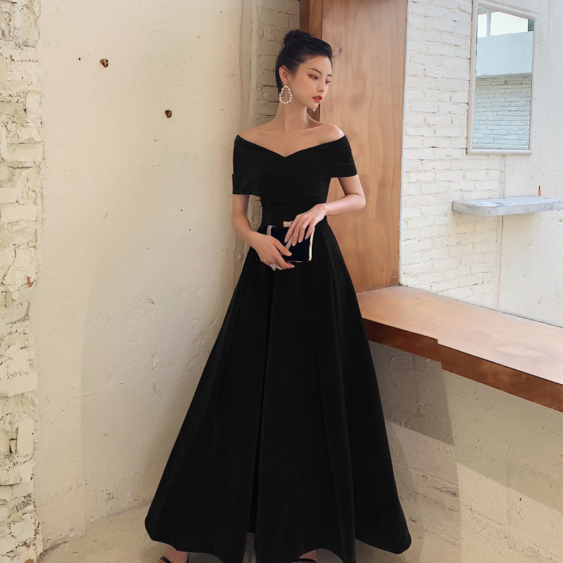 Bridal Toast Clothing Velvet 2024 New High-Grade off-Shoulder Banquet Temperament Engagement License Host Evening Dress