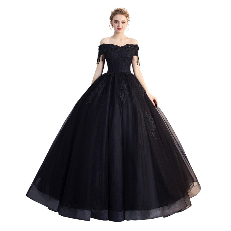 New Evening Dress 2024 New Black off-Shoulder Solo Host Performance Pettiskirt Long Women's Studio