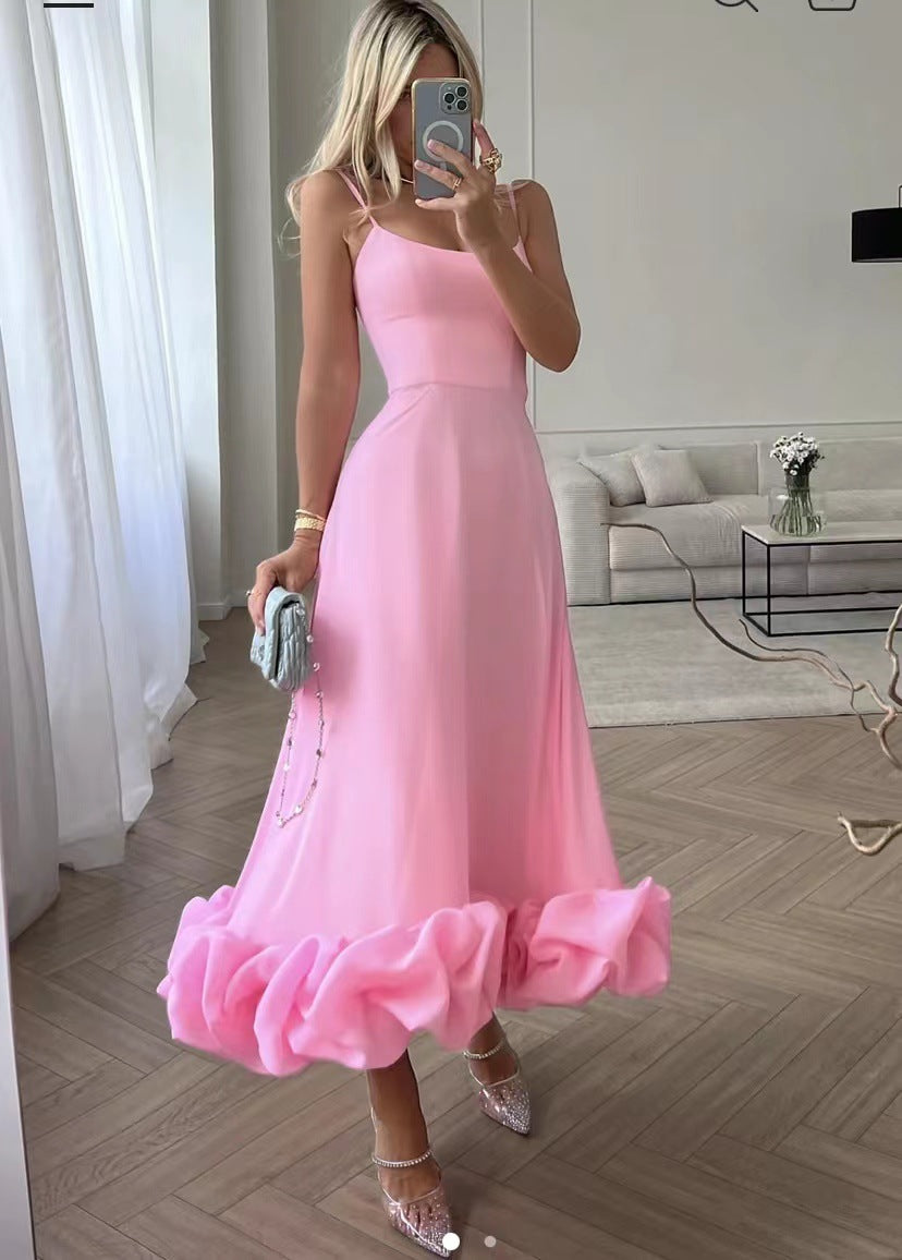 Fashion Suspenders Large Swing Three-Dimensional Flower A- line Skirt European and American Women's Clothing Cross-Border Hot Selling New Elegant Slim Fit Dress
