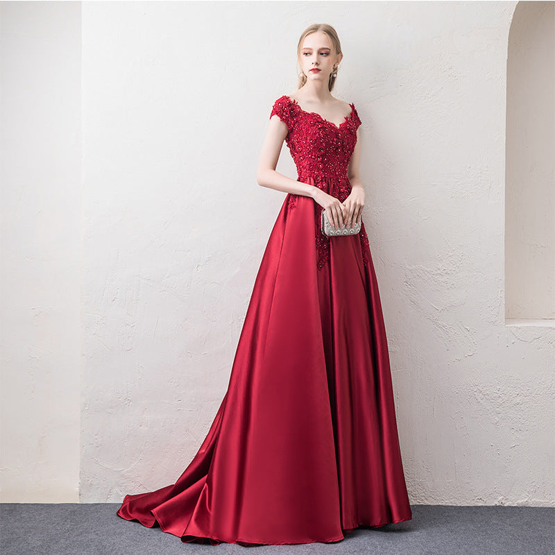 off-Shoulder Wine Red Toast Dress Bride 2024 New Marriage Engagement Wedding Family Visiting Shoes Banquet Evening Dress