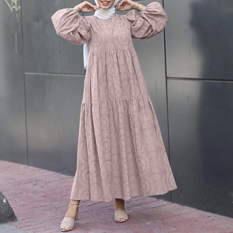 New Muslim Print Pattern round Neck Pullover Loose Casual Dress