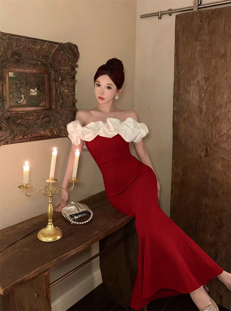 2883 Cross-Border Foreign Trade Women's Clothing Wholesale Southeast Asia off-Shoulder Contrast Color Evening Dress Temperament Slimming Fishtail Dress