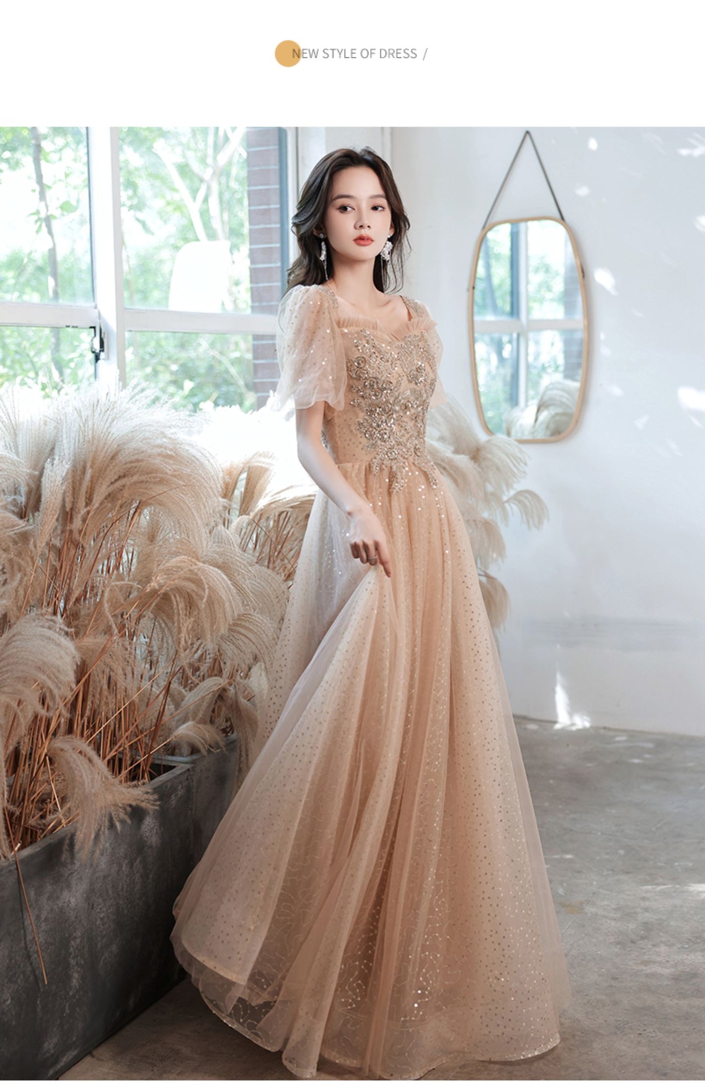 Champagne Evening Dress for Women Banquet Temperament Light Luxury Minority High-End High-Grade Host Summer Art Exam Engagement Dress