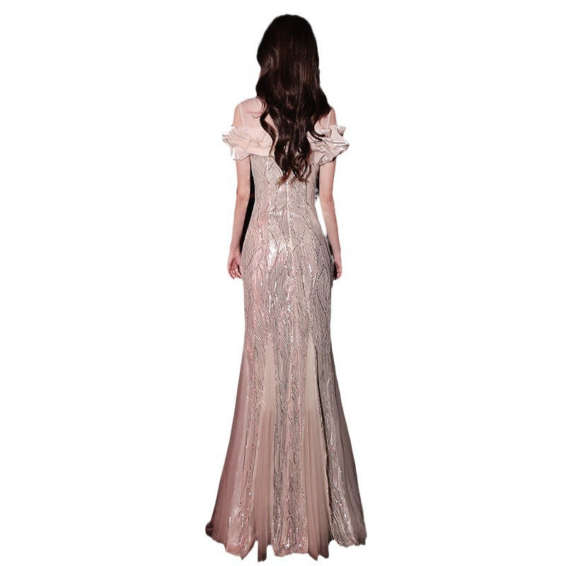 Fishtail Evening Dress 2024 New Sequined off-Shoulder Light Luxury Minority Host Banquet Heavy Work Waist-Tight Evening Dress