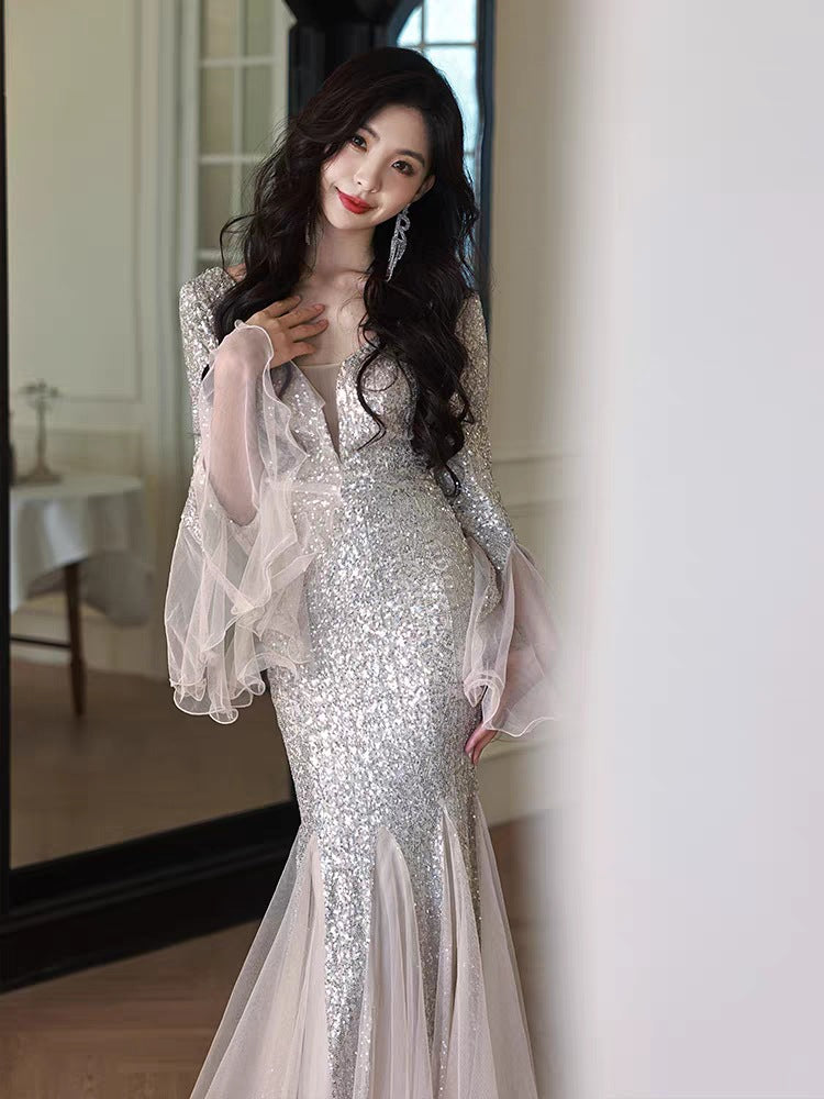 Silver Heavy Industry Evening Dress for Women 2024 New Ladies Banquet Temperament Annual Meeting Host Sexy Fishtail High Sense