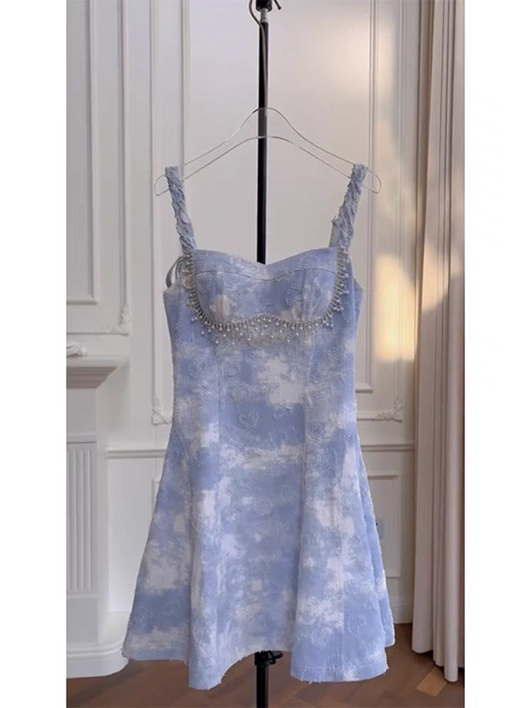 Socialite Waist-Tight Dress Slimming Denim Jacquard Sling Dress Beaded French Retro Tassel Blue Chenille