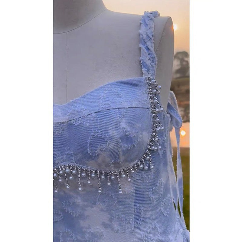 Socialite Waist-Tight Dress Slimming Denim Jacquard Sling Dress Beaded French Retro Tassel Blue Chenille