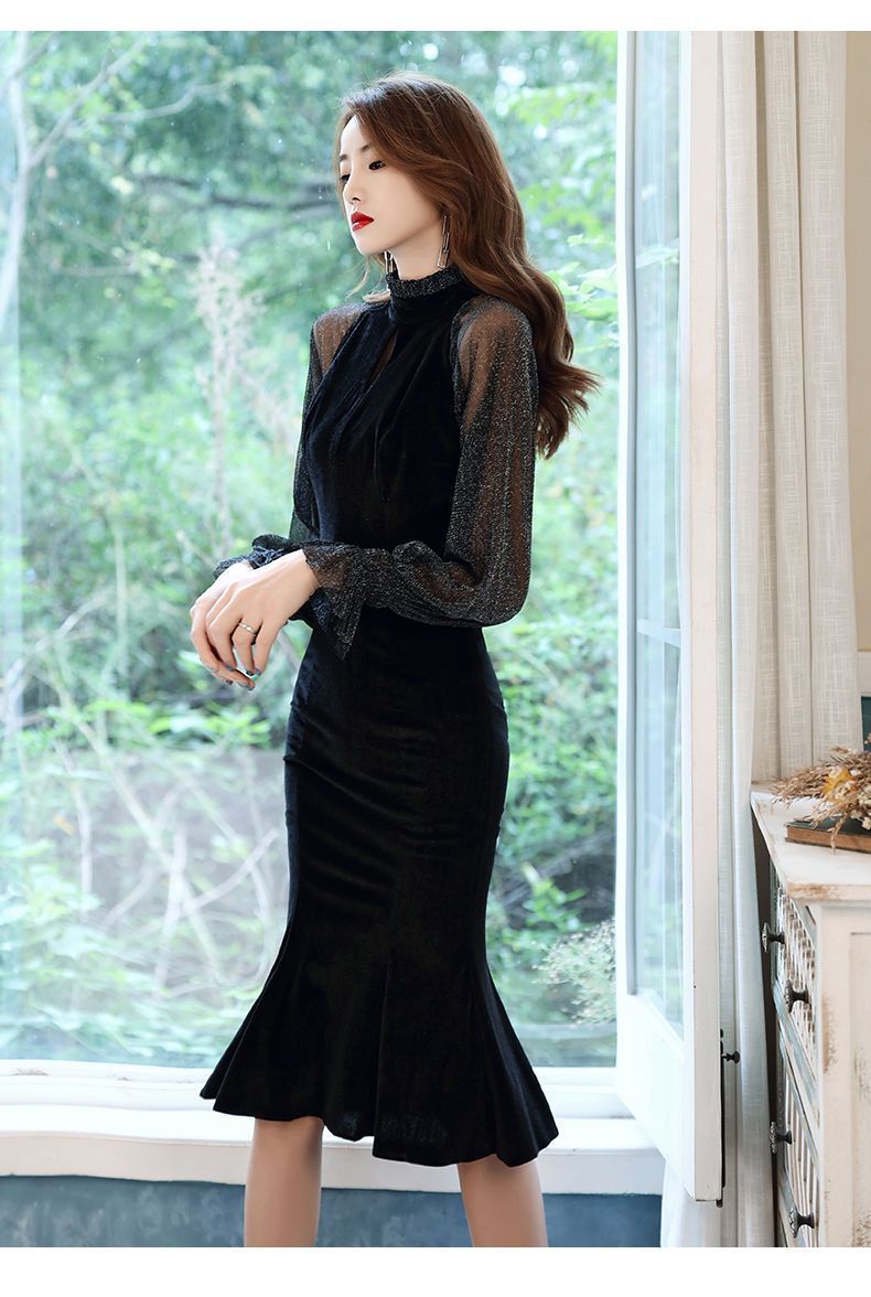 Toast Dress Bride High Sense Spring New Banquet Socialite Host Fishtail Evening Dress Black Slimming Slim Fit