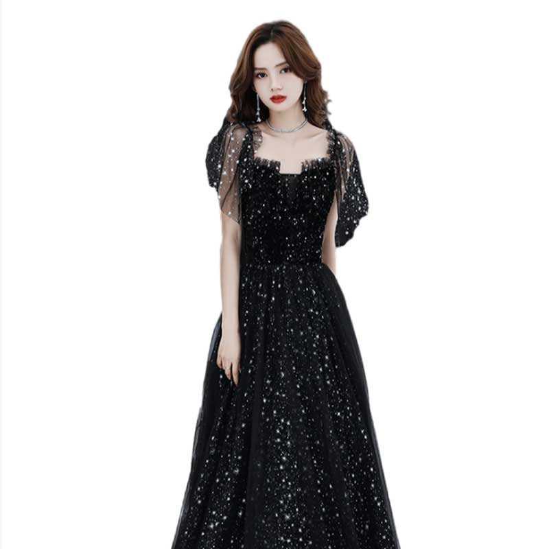 Black Evening Dress Women's High Sense Host Banquet 2024 New Autumn High-End Temperament Light Luxury Minority