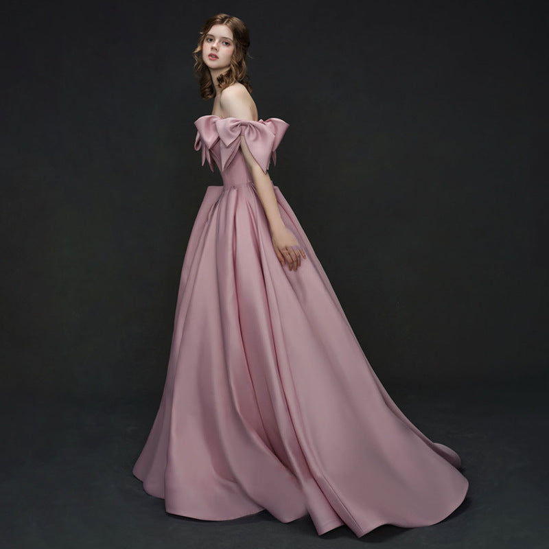 Pink Satin Annual Party Dress Women's 2024 New Banquet Host High-End Engagement Dress Toast Dress Bride