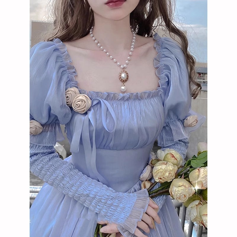 French First Love Organza Backless Lace up Blue Dress Female Tea Break Milk Fufu Escape Princess Super Fairy