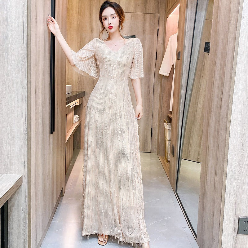 Starry Evening Dress Dignified Temperament Bride Toast Dress V-neck Flared Sleeves Sequined Tassel Slimming Long Dress Women