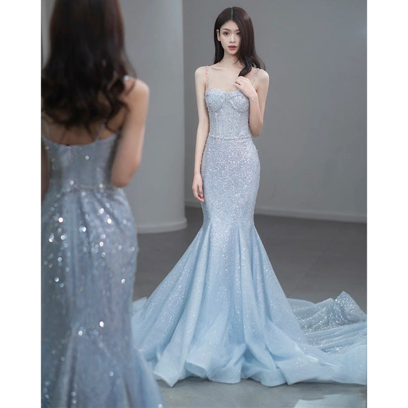 Fishtail Evening Dress High-Grade Model Catwalk Student Art Exam Toast Dress Bride Super Fairy Blue French Strap