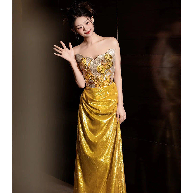 French Style Evening Dress for Women 2024 New Light Luxury Minority High-End Adult Ceremony Tube Top Engagement Dress Banquet Trailing