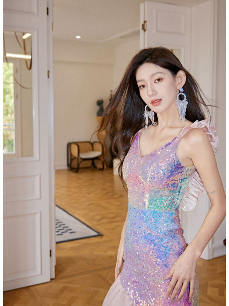 Evening Dress Sequin Long Dresses Camisole Luxury Minority High-End Dress Party Party Sequined Slim Fishtail Host H89802