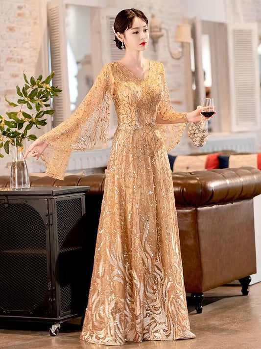 Golden Evening Dress Women's High Sense Temperament Entry Lux Host Dress Art Exam Director Performance Dress Sequined Long