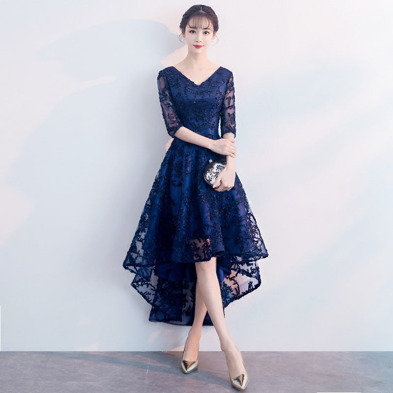 Navy Blue Evening Dress Temperament Banquet Mom Wedding Reception Clothes Front Short Back Length Dress Daily Style Autumn and Winter