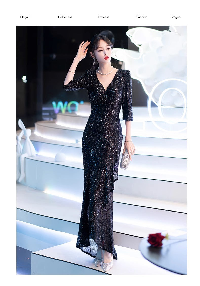 Black Evening Dress Light Luxury Female 2024 New Host Art Exam Sequined Fishtail Dress Summer Bridesmaid Dress