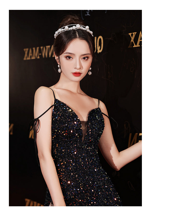 Women's Black Evening Dress New 2024 Design High-End Light Luxury Minority Suspenders Annual Party Dress