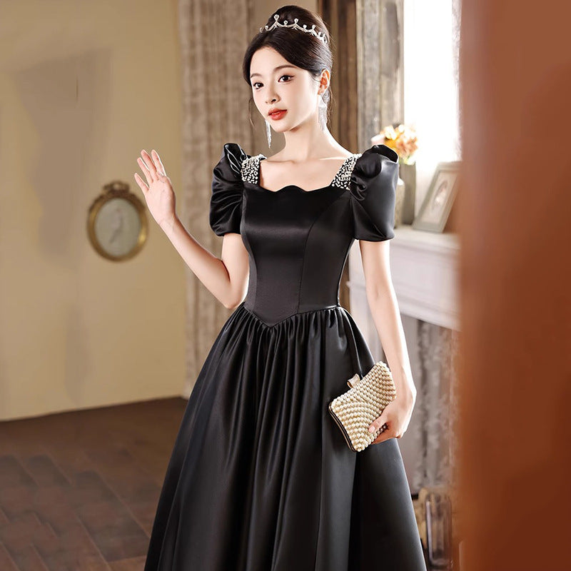 Black Evening Dress Women's Satin High Sense High-End Affordable Luxury Niche Banquet Adult Ceremony Temperament Host Art Test