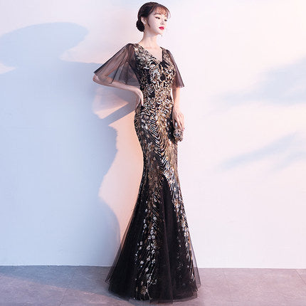 Evening Dress for Women 2024 New Banquet Socialite Gathering Long Style with Medium Sleeves V-neck Black Paillette Host Fishtail