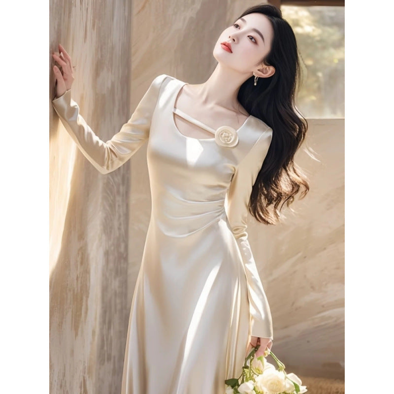 Formal Occasions Elegant White Satin Dress Autumn Wear French High-End Exquisite Classic Style Waist-Slimming Long Dress