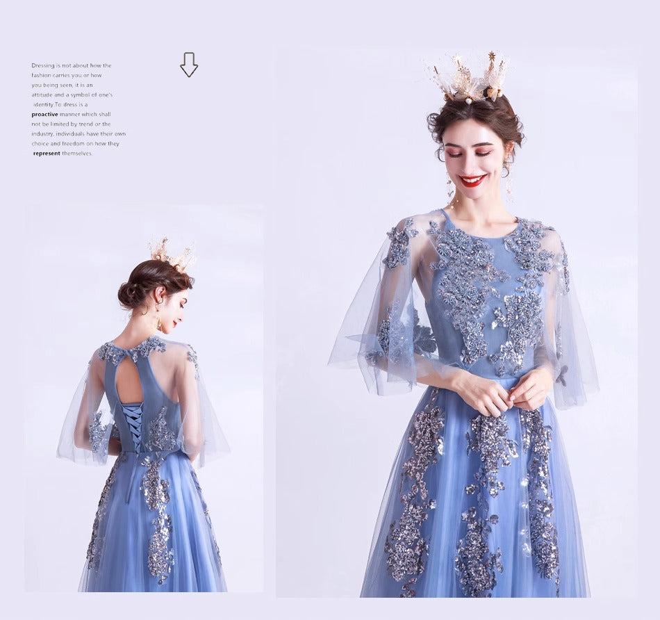 Blue Veils Slimming Banquet Annual Meeting Stage Performance Host Wedding Dress Evening Gown 273