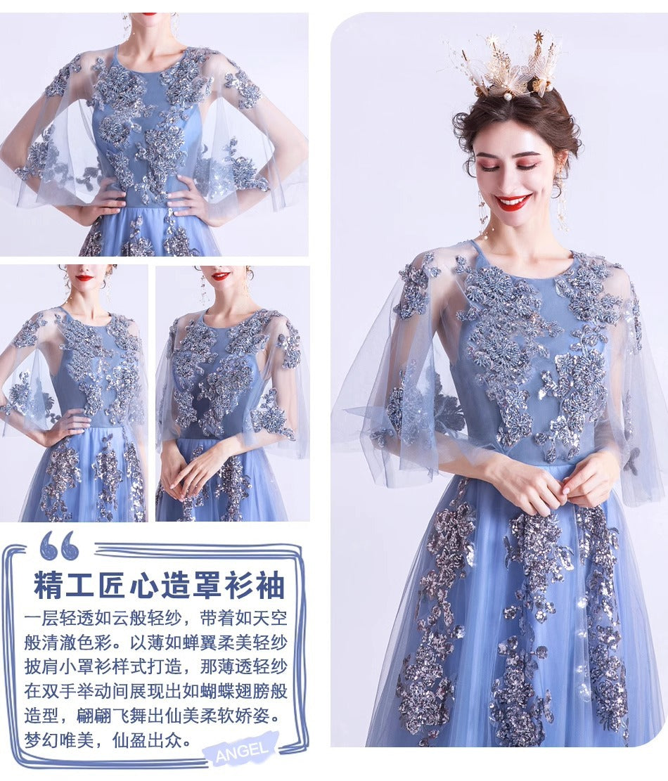 Blue Veils Slimming Banquet Annual Meeting Stage Performance Host Wedding Dress Evening Gown 273