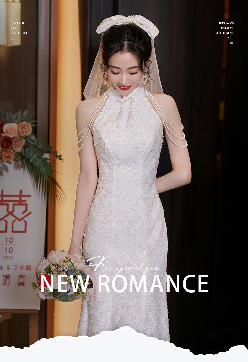 New Chinese Style Registration Slim White Dress Autumn and Winter Improvement Young Cheongsam Engagement Bride Lace Fishtail Dress