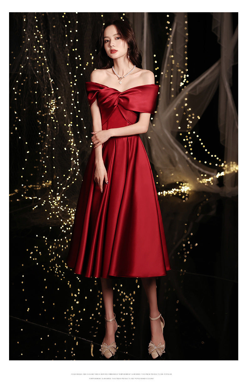 Wine Red Toast Dress Bride 2024 New Appreciation Dinner Engagement Wedding Back-to-Door off-Shoulder Evening Dress for Women Autumn