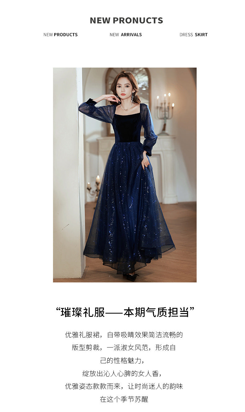 Women's Long-Sleeved Evening Dress for Banquet, High Sense High-End Affordable Luxury Niche Blue Sequined Conductor Chorus Solo Performance Costume