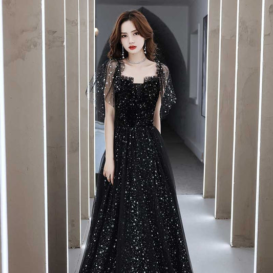 Black Evening Dress Women's High Sense Host Banquet 2024 New Autumn High-End Temperament Light Luxury Minority