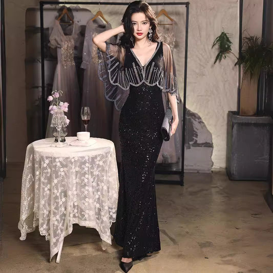 Butterfly Shawl V-neck Sequins Evening Dress Fashion Black Birthday Banquet plus Size Host Fishtail Dress