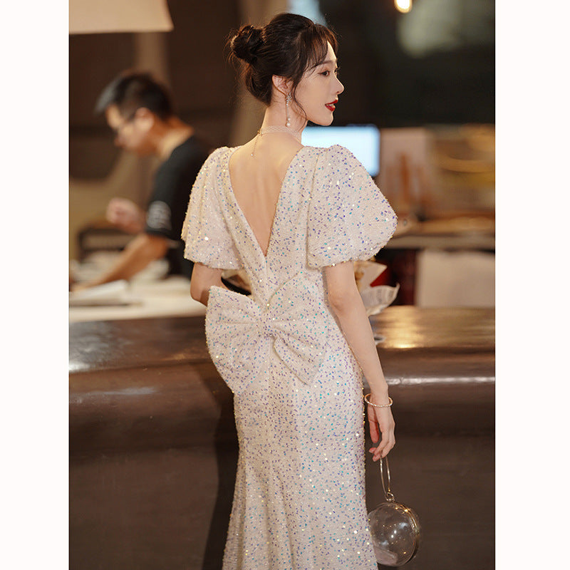 Banquet Evening Dress for Women 2024 New V-neck Design Sequined Fishtail Dress Backless Annual Meeting Host Evening Dress